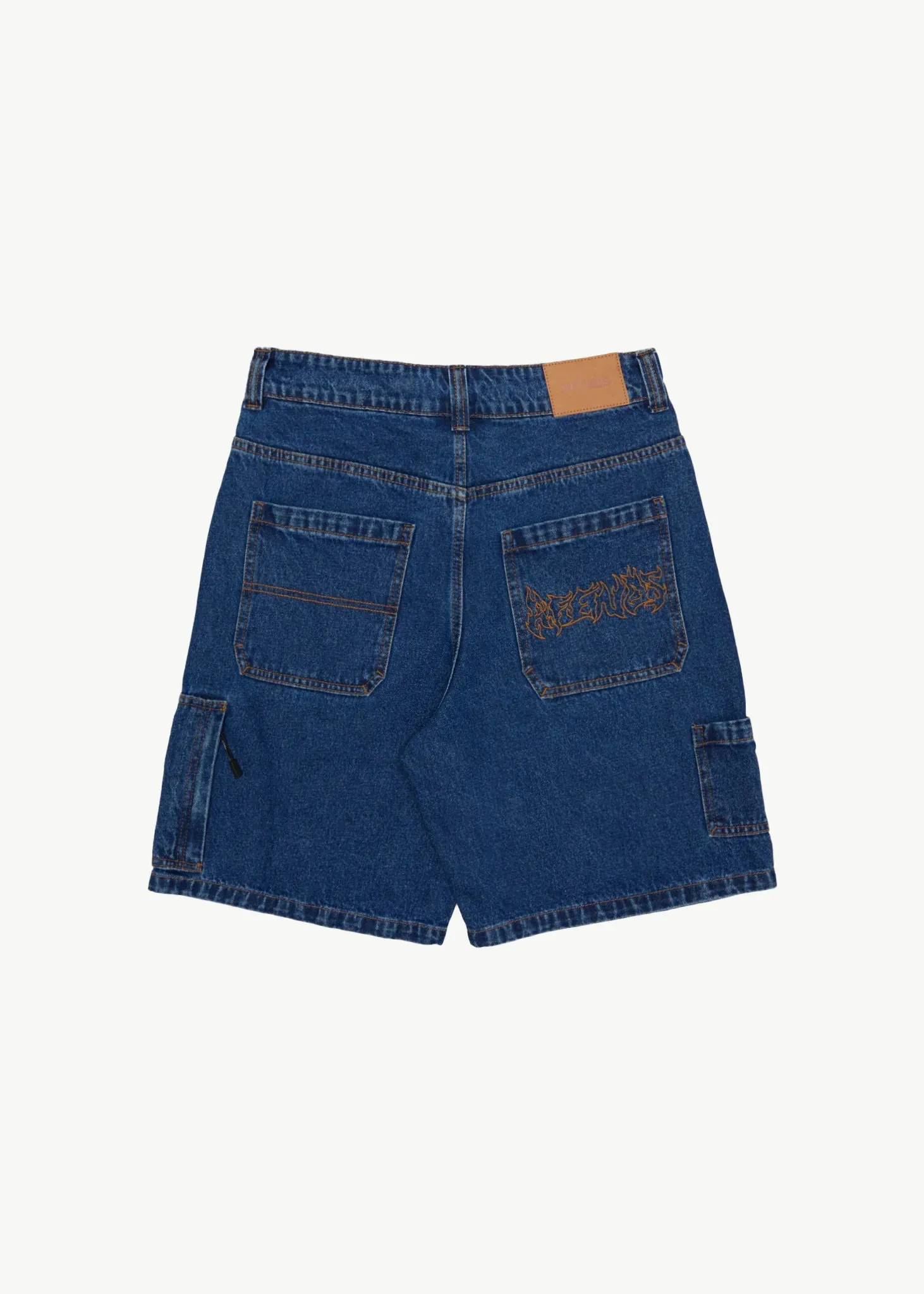 AFENDS Mens Scorched Harper - Denim Baggy Fit Carpenter Short 22 Inch - Authentic Blue