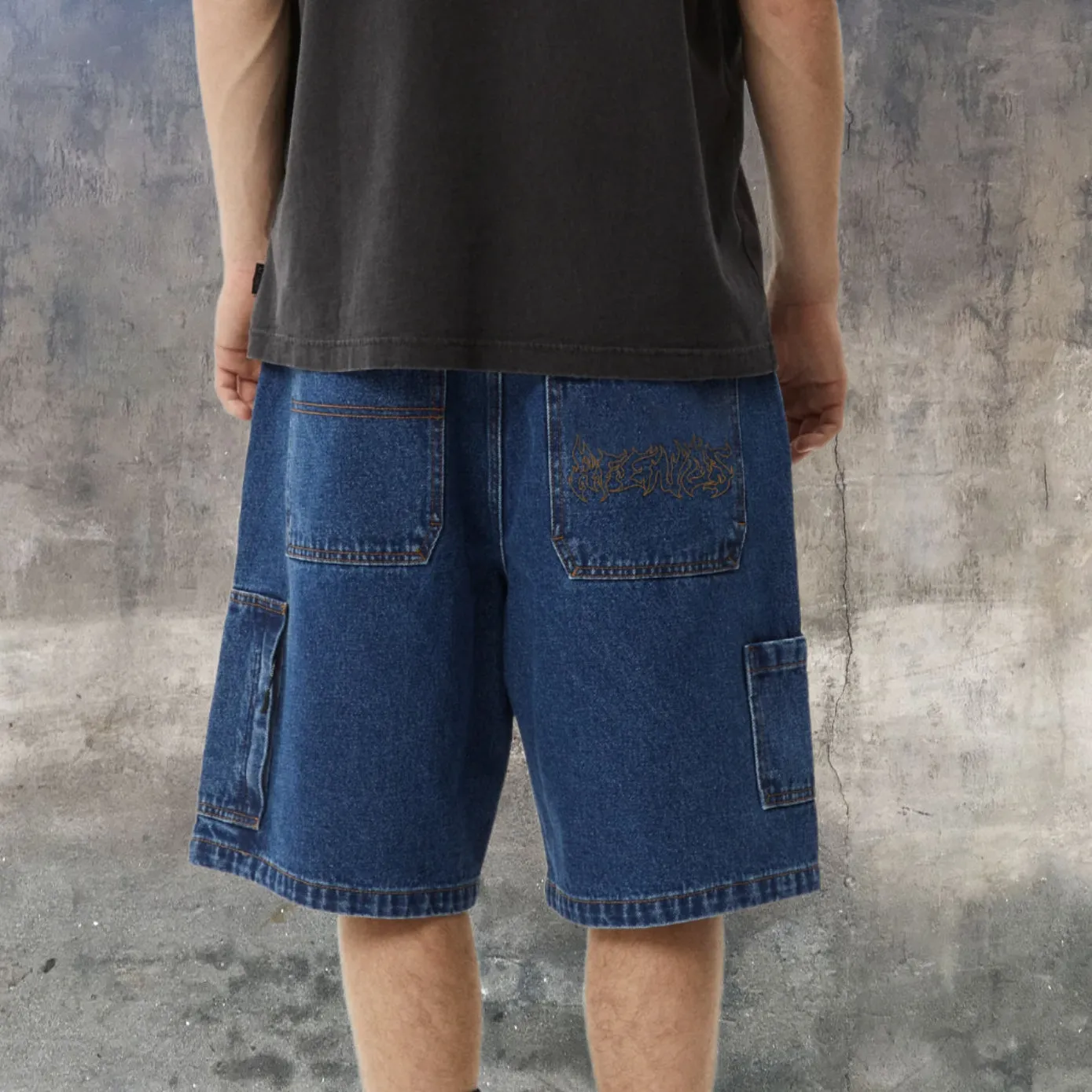 AFENDS Mens Scorched Harper - Denim Baggy Fit Carpenter Short 22 Inch - Authentic Blue