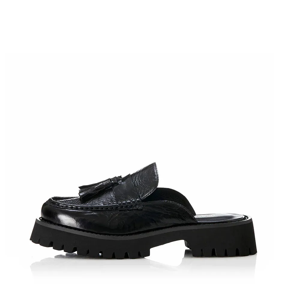 ALIAS MAE Womens Rylan Leather Mules - Black Oily Leather