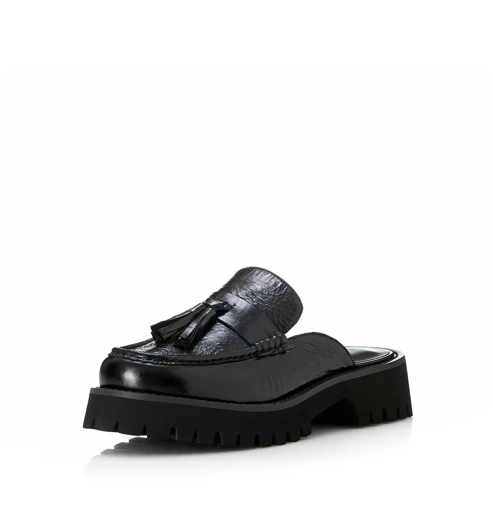 ALIAS MAE Womens Rylan Leather Mules - Black Oily Leather