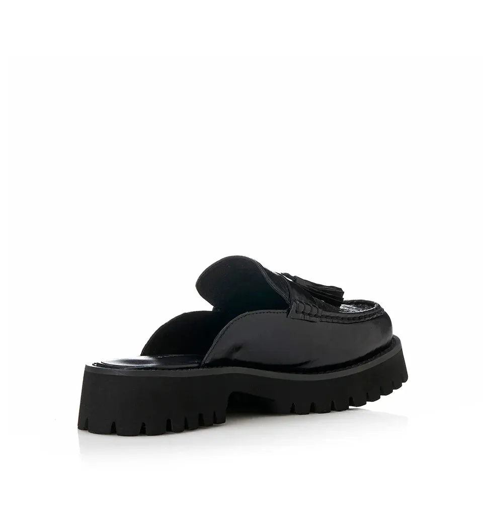 ALIAS MAE Womens Rylan Leather Mules - Black Oily Leather
