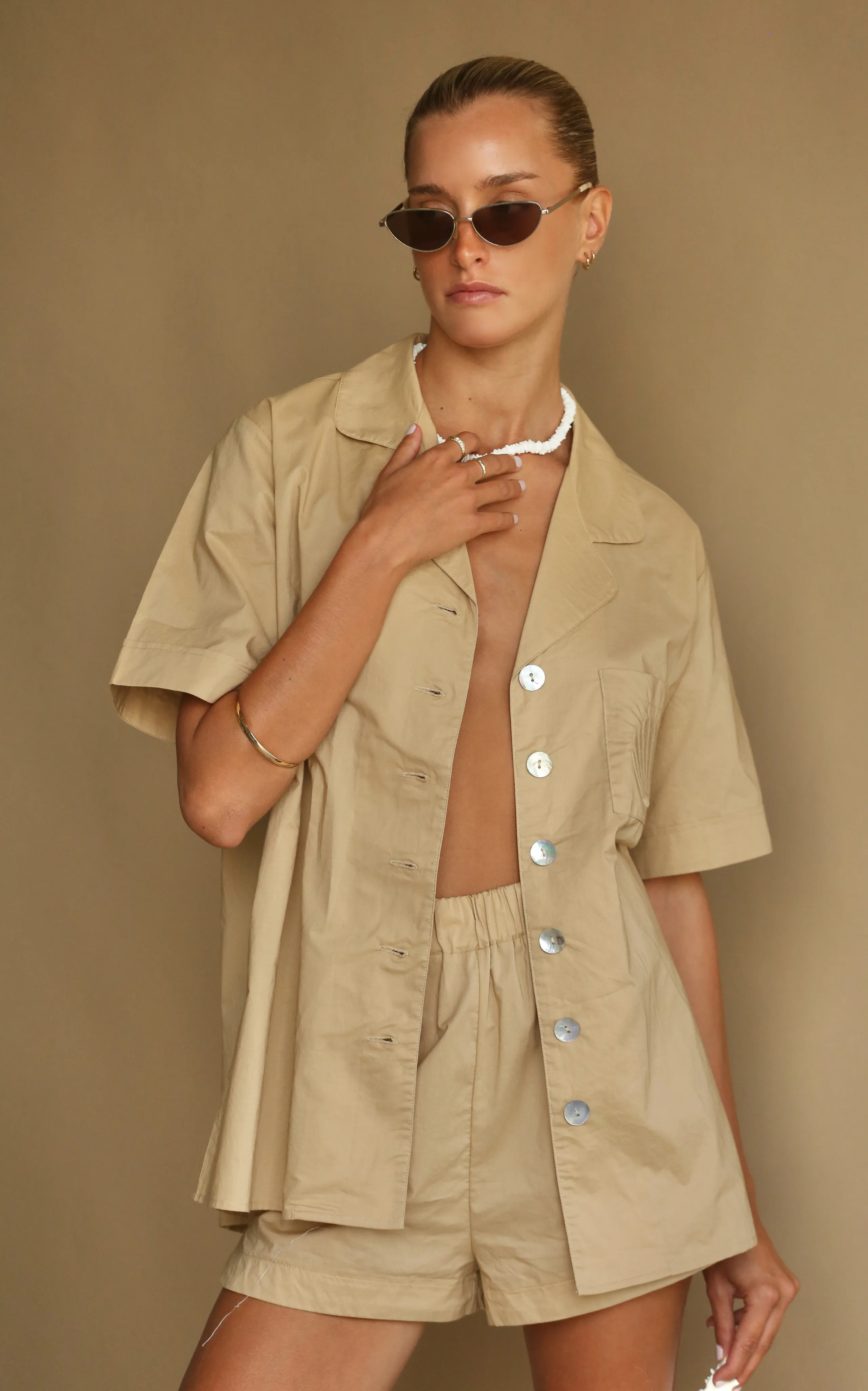 ARAMINTA JAMES Womens Coconut Cotton Shirt Set - Coffee