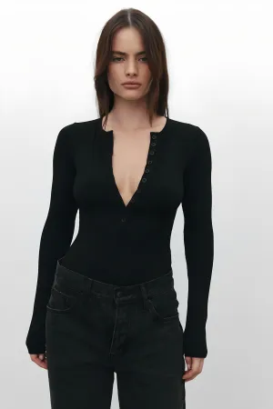 Bayse Brand Womens Lara Long Sleeve Crew Neck Button Down Bodysuit Black