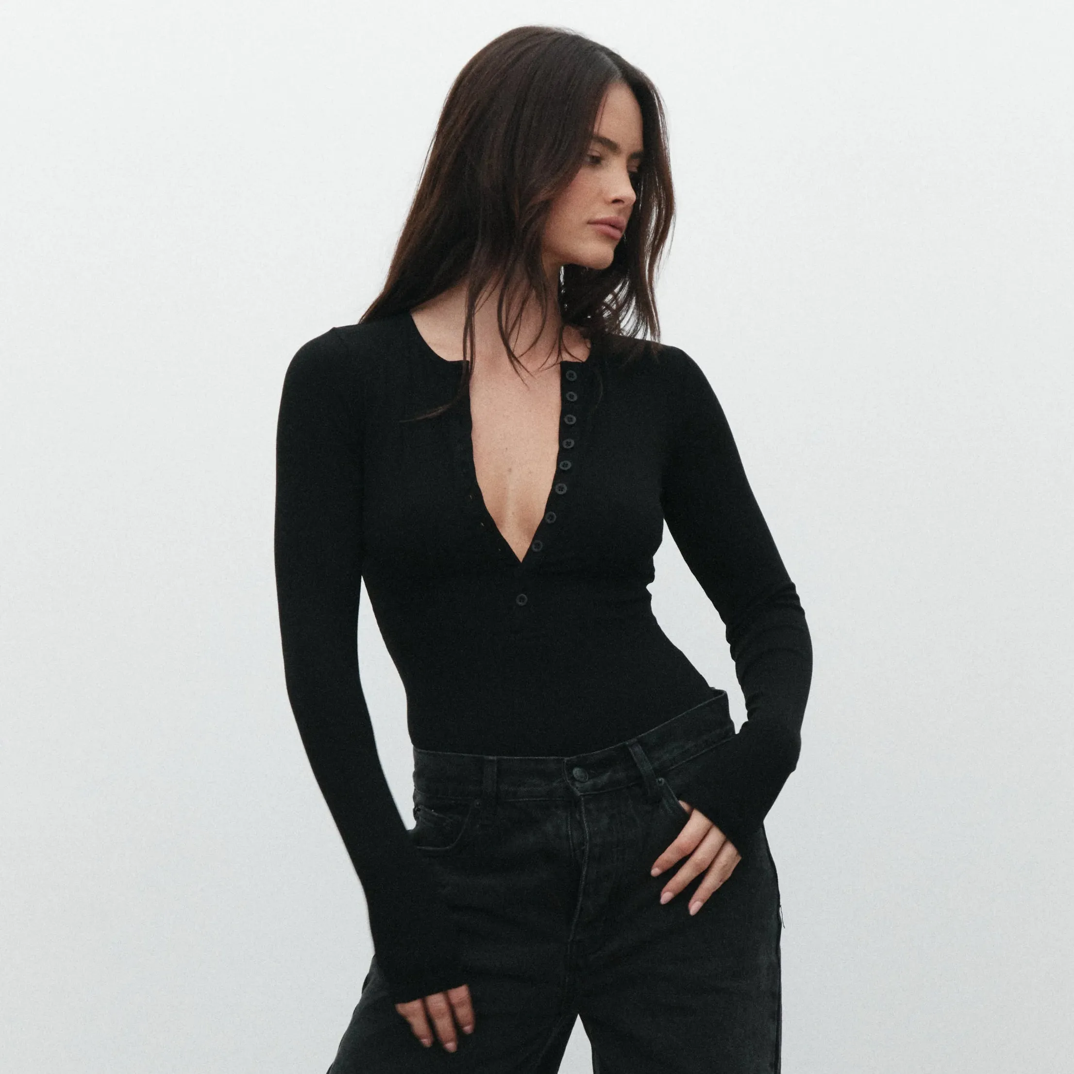 Bayse Brand Womens Lara Long Sleeve Crew Neck Button Down Bodysuit Black