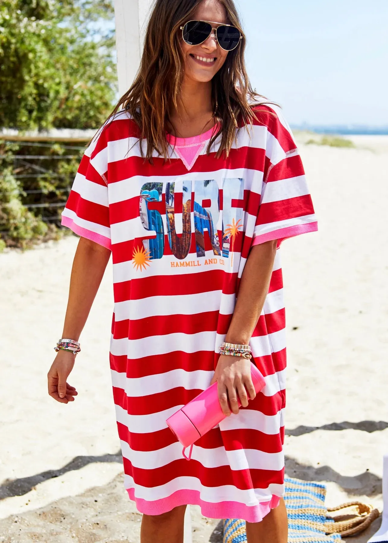 HAMMILL & CO Womens Beach Stripe Sweat Dress - Red & White