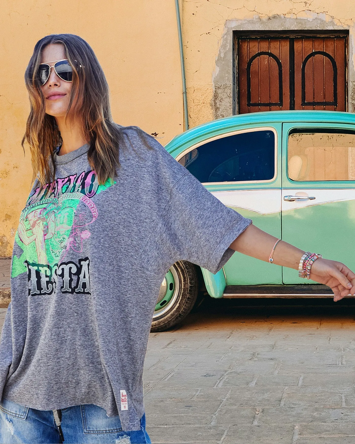 HAMMILL & CO Womens Mexican Fiesta Oversized Tee - Charcoal Marle