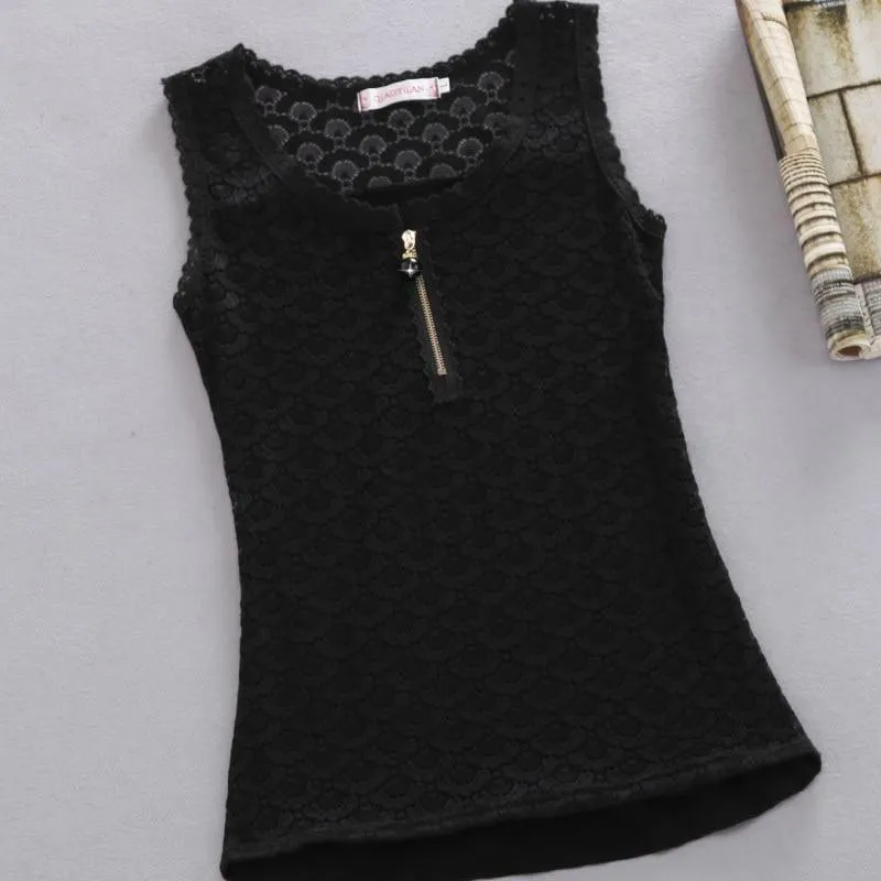 Lace Patchwork White Sexy Hollow Out Chiffon Lace Sleeveless Top