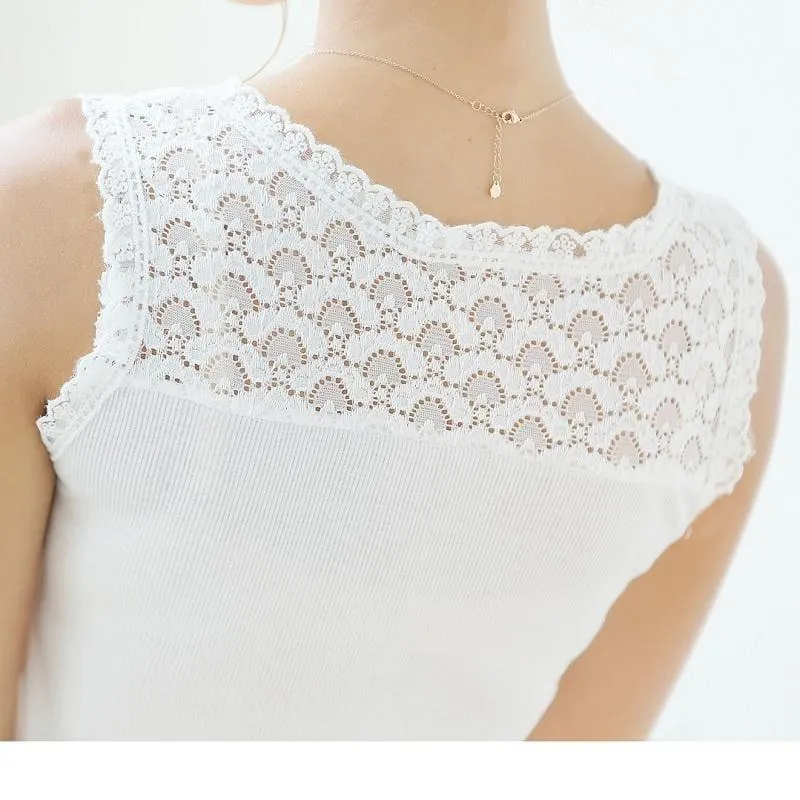 Lace Patchwork White Sexy Hollow Out Chiffon Lace Sleeveless Top