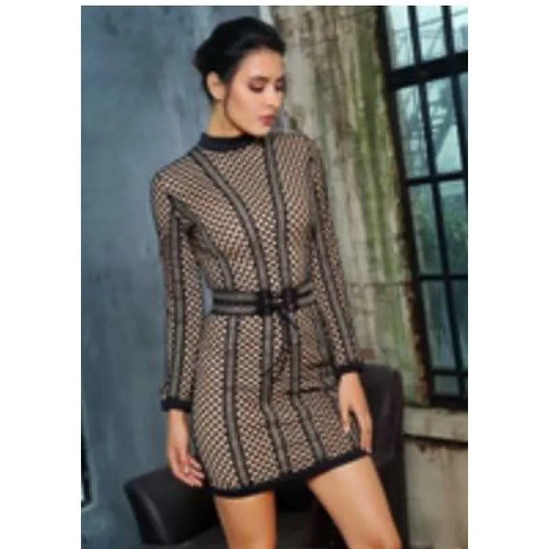Lattice Patchwork whit Belt Party Mini Dress