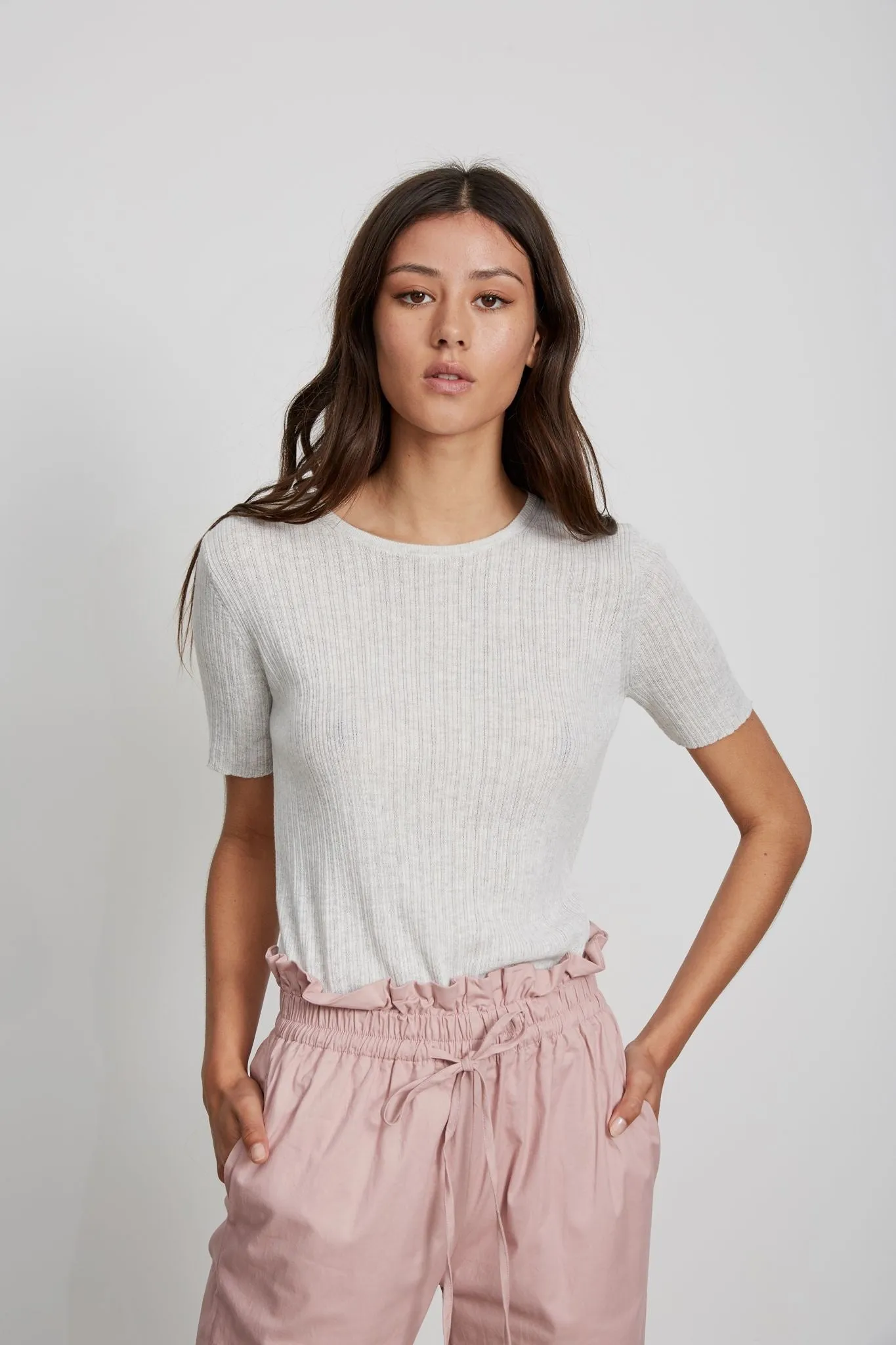 Little Lies WOMENS KNITTED TEE - LIGHT GREY MARLE