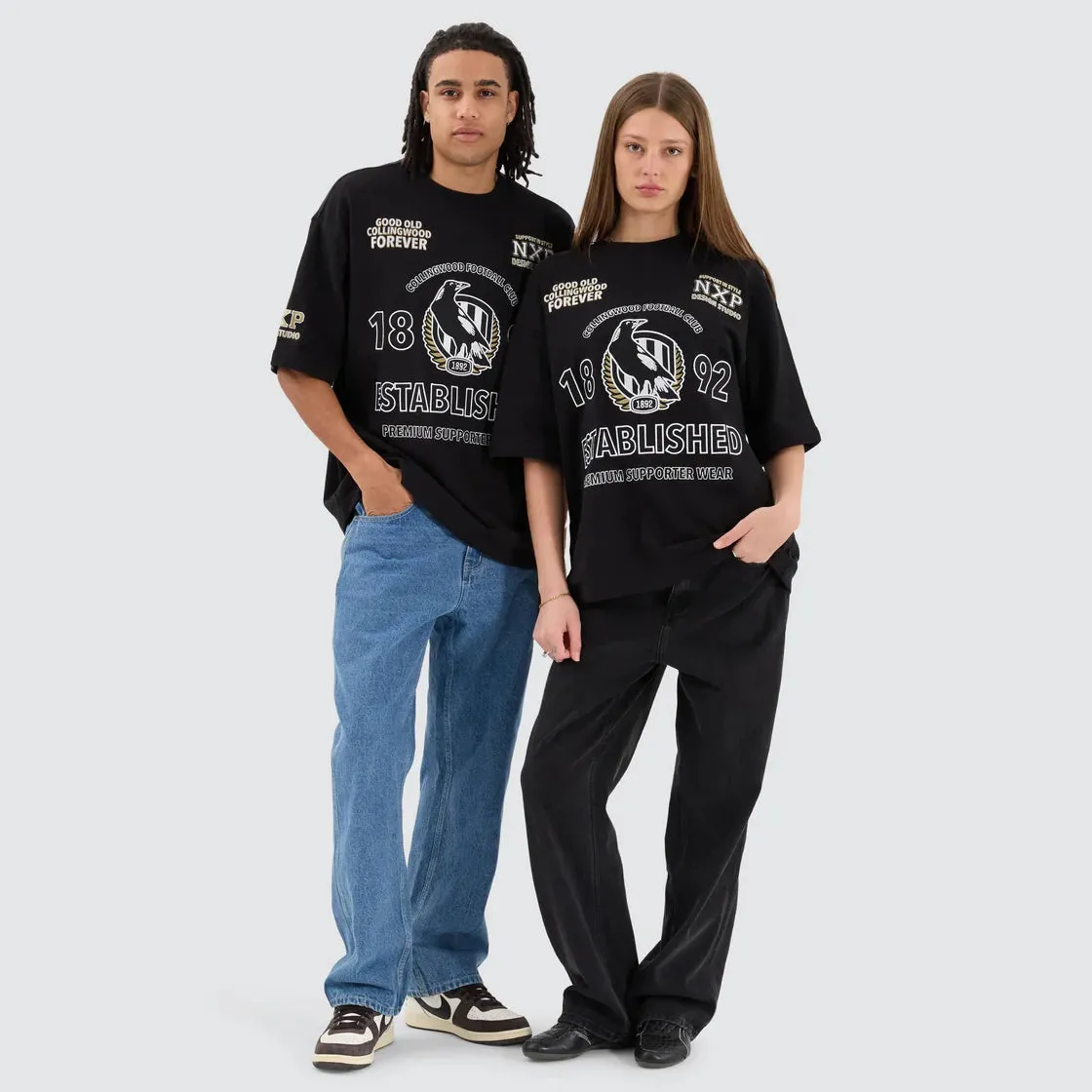 NENA & PASADENA  AFL Mens Collingwood Magpies Mega Loop Back Tee Shirt - Jet Black