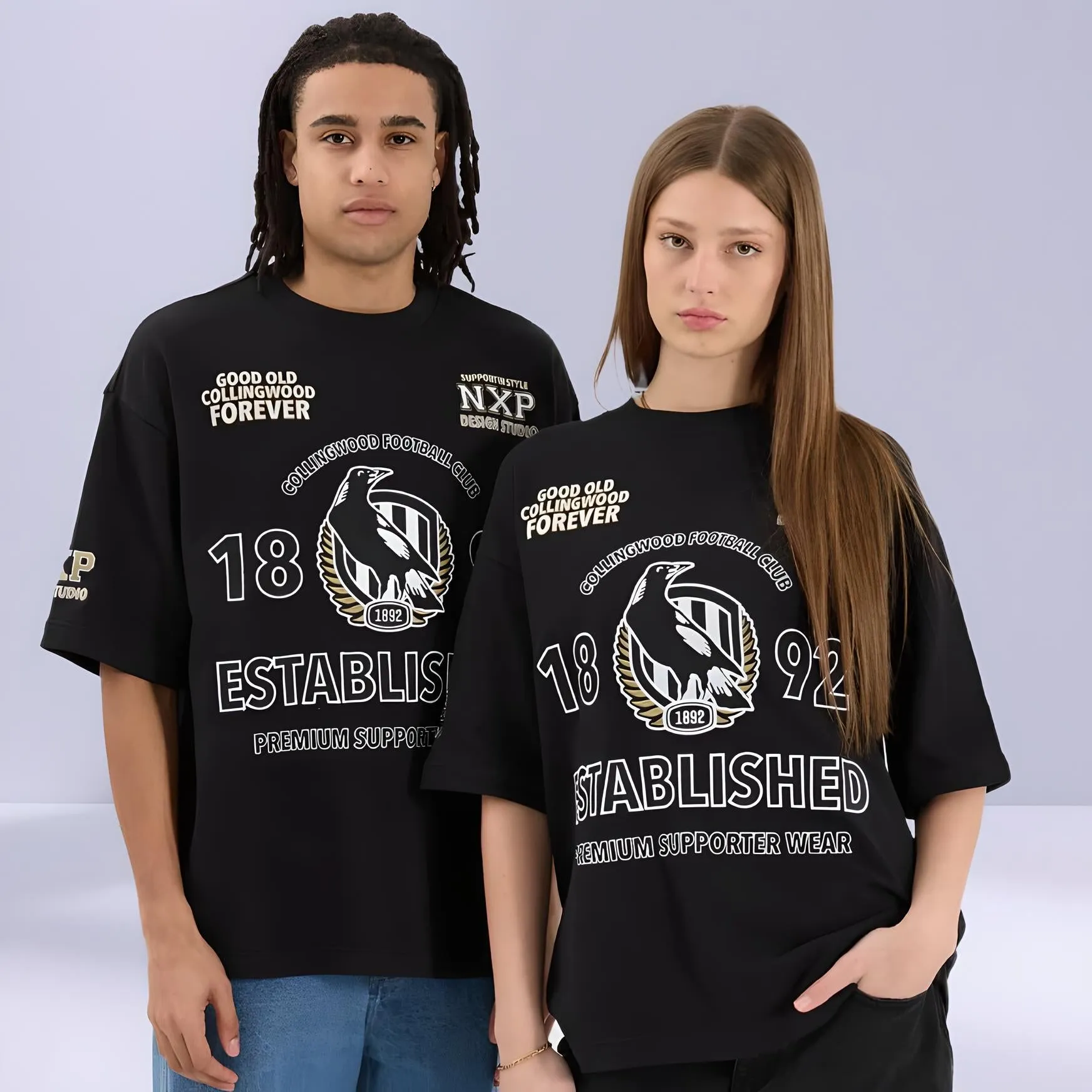 NENA & PASADENA  AFL Mens Collingwood Magpies Mega Loop Back Tee Shirt - Jet Black