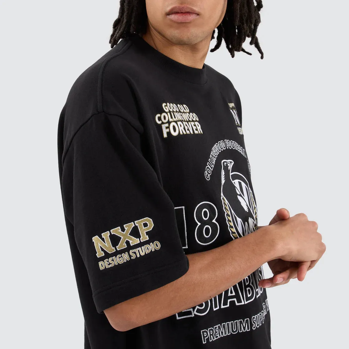 NENA & PASADENA  AFL Mens Collingwood Magpies Mega Loop Back Tee Shirt - Jet Black