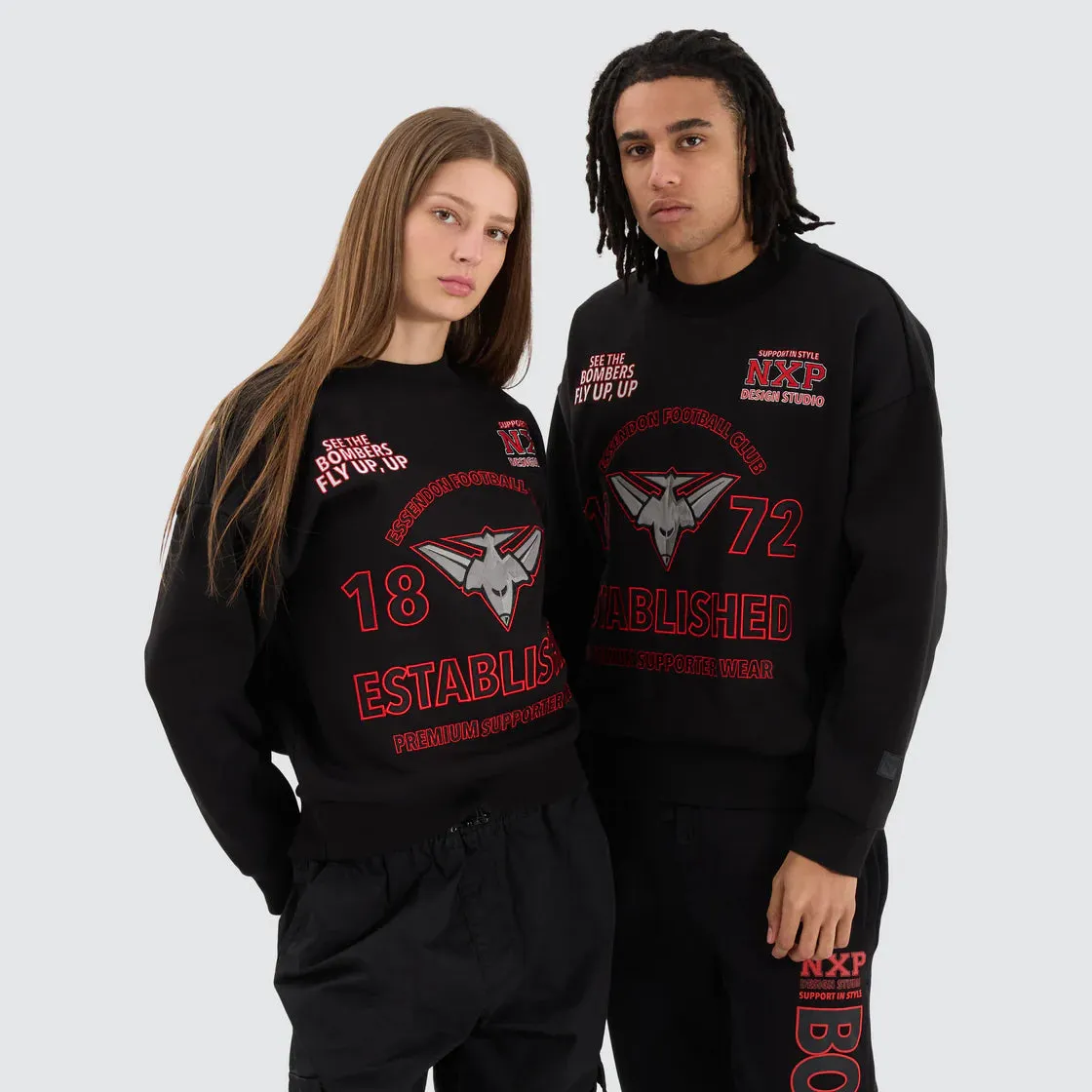 NENA & PASADENA  AFL Mens Essendon Bombers Box Fit Sweater - Jet Black