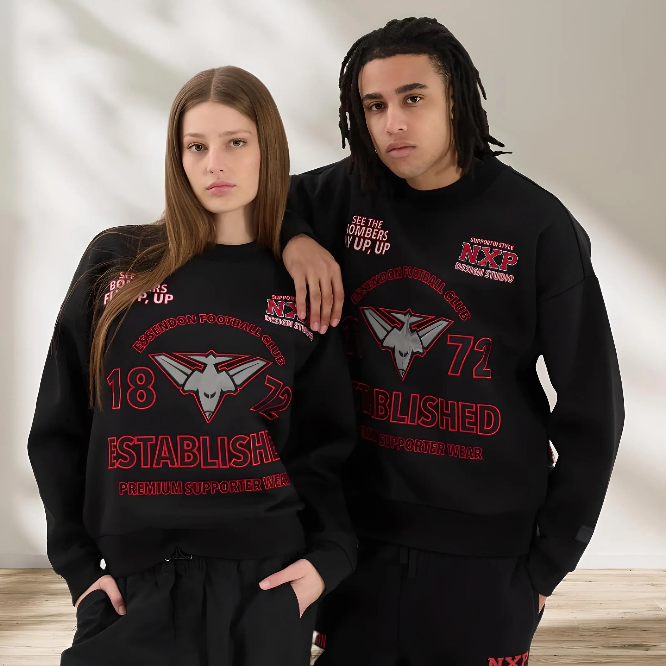 NENA & PASADENA  AFL Mens Essendon Bombers Box Fit Sweater - Jet Black