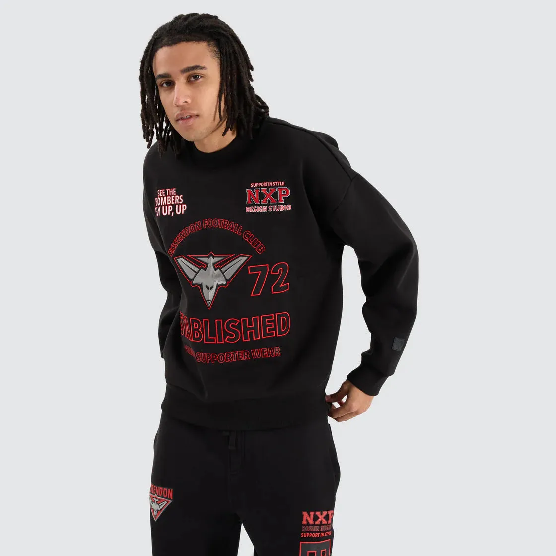 NENA & PASADENA  AFL Mens Essendon Bombers Box Fit Sweater - Jet Black