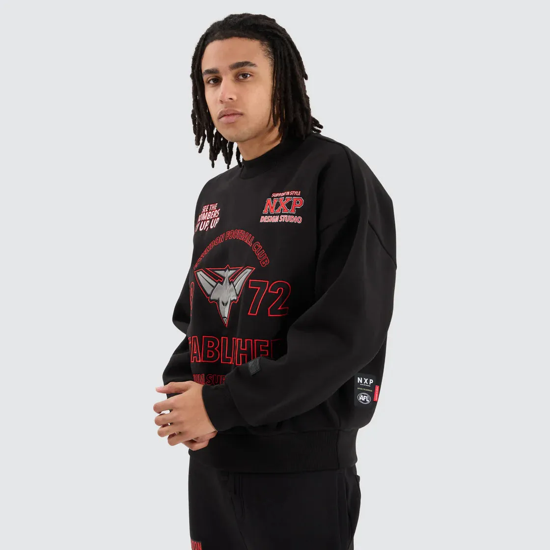 NENA & PASADENA  AFL Mens Essendon Bombers Box Fit Sweater - Jet Black
