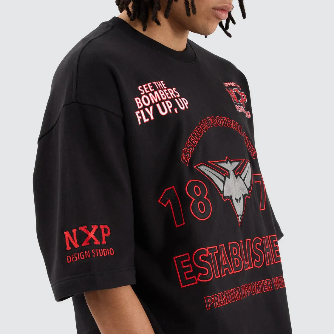 NENA & PASADENA  AFL Mens Essendon Bombers Mega Loop Back Tee Shirt - Jet Black