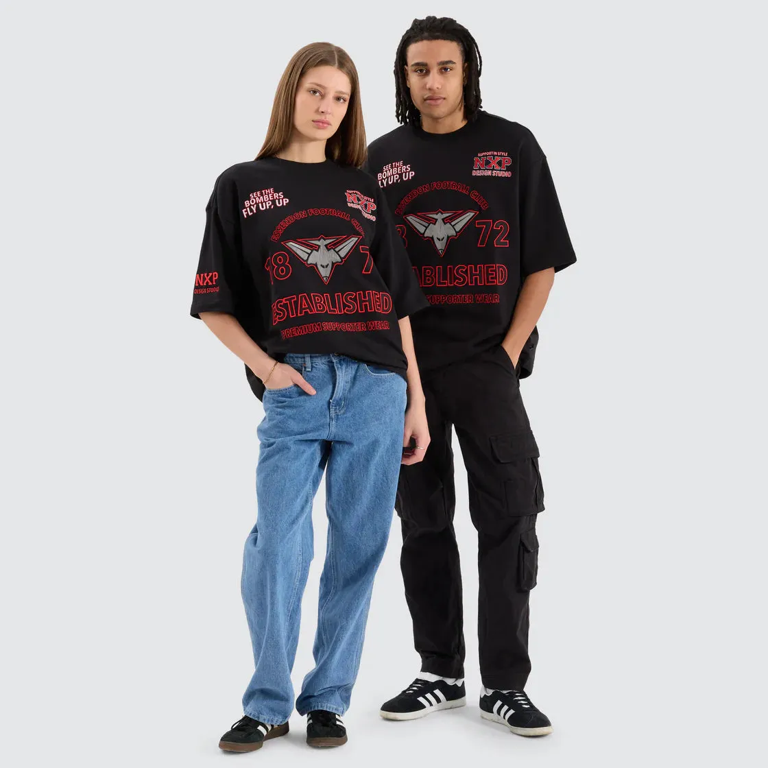 NENA & PASADENA  AFL Mens Essendon Bombers Mega Loop Back Tee Shirt - Jet Black