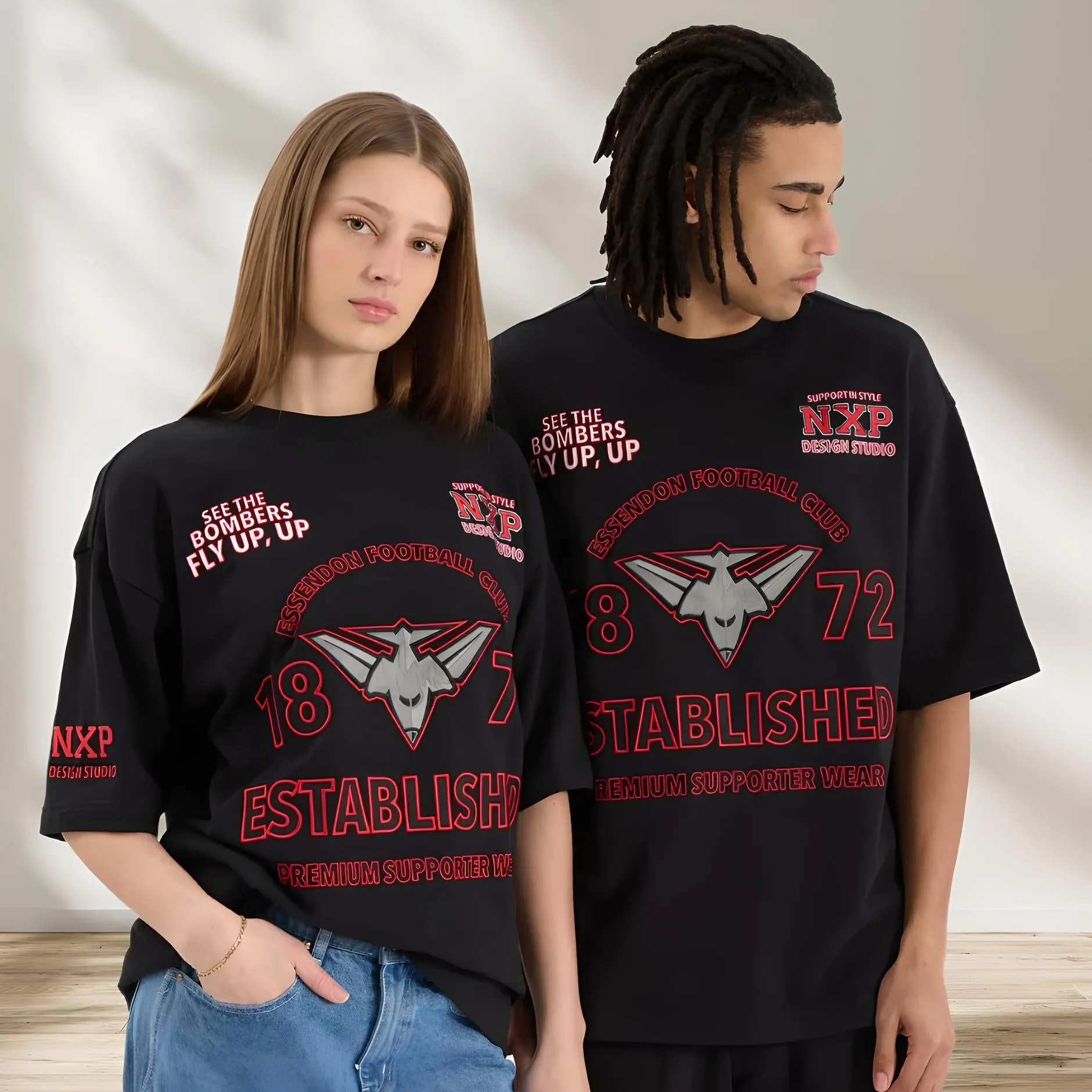 NENA & PASADENA  AFL Mens Essendon Bombers Mega Loop Back Tee Shirt - Jet Black