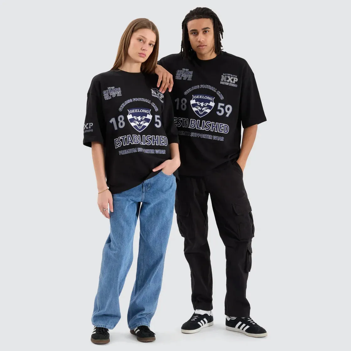 NENA & PASADENA  AFL Mens Geelong Cats Mega Loop Back Tee - Jet Black