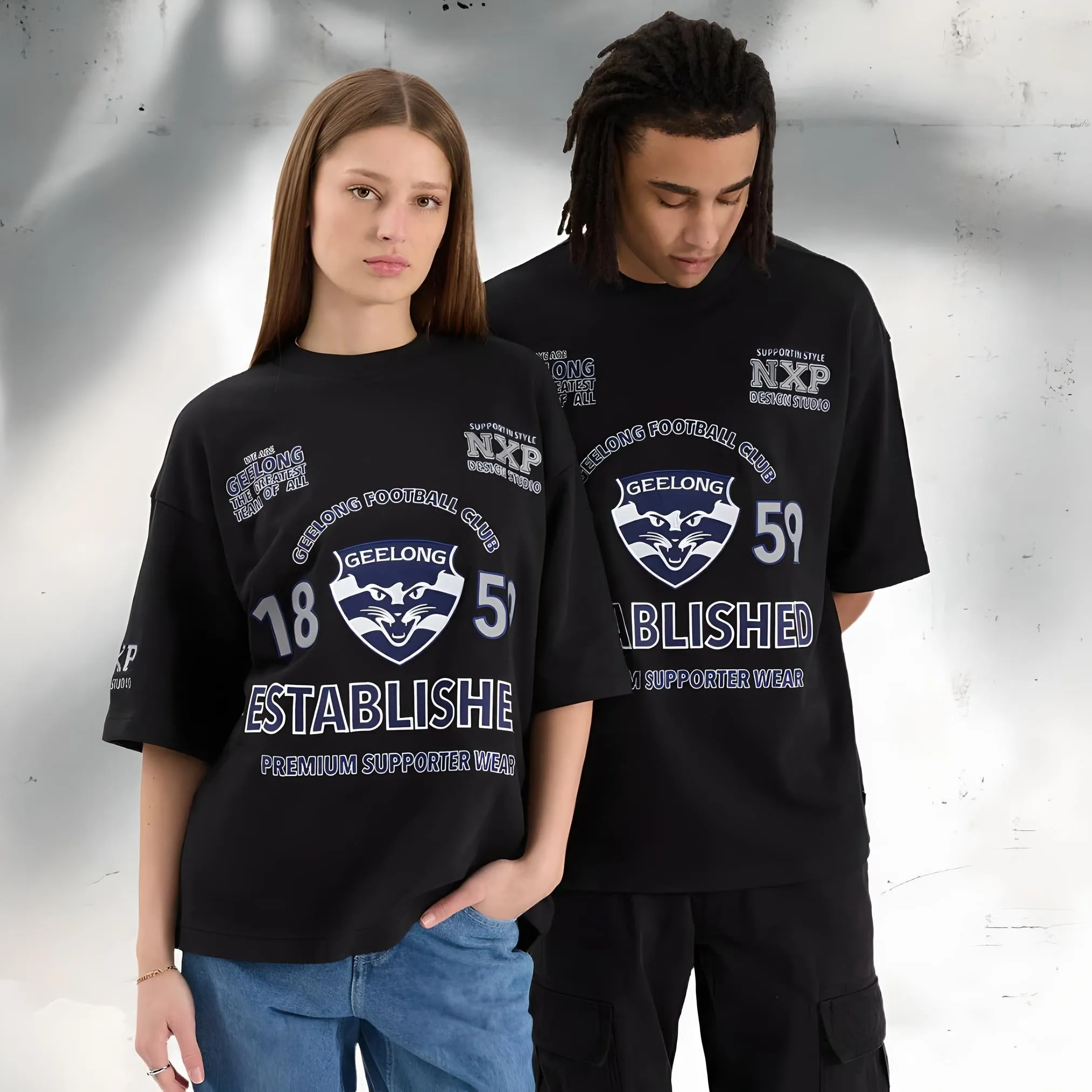 NENA & PASADENA  AFL Mens Geelong Cats Mega Loop Back Tee - Jet Black