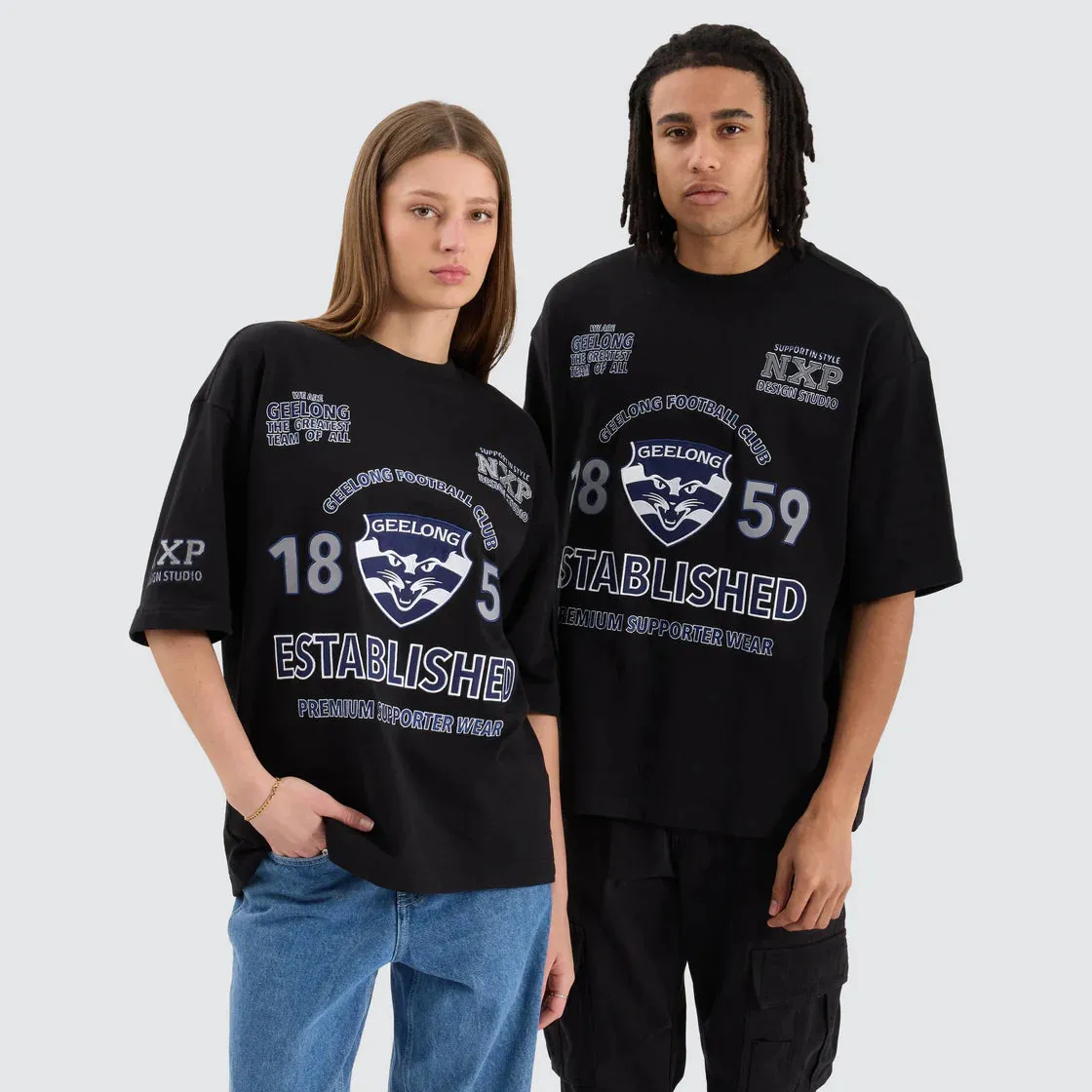 NENA & PASADENA  AFL Mens Geelong Cats Mega Loop Back Tee - Jet Black