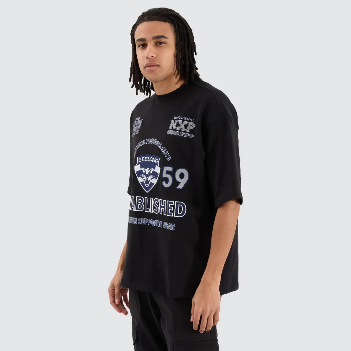 NENA & PASADENA  AFL Mens Geelong Cats Mega Loop Back Tee - Jet Black
