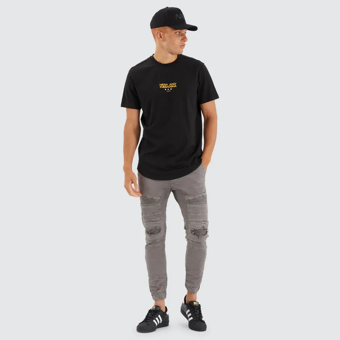 NENA & PASADENA Mens Vector Dual Curved Hem Tee Shirt - Jet Black
