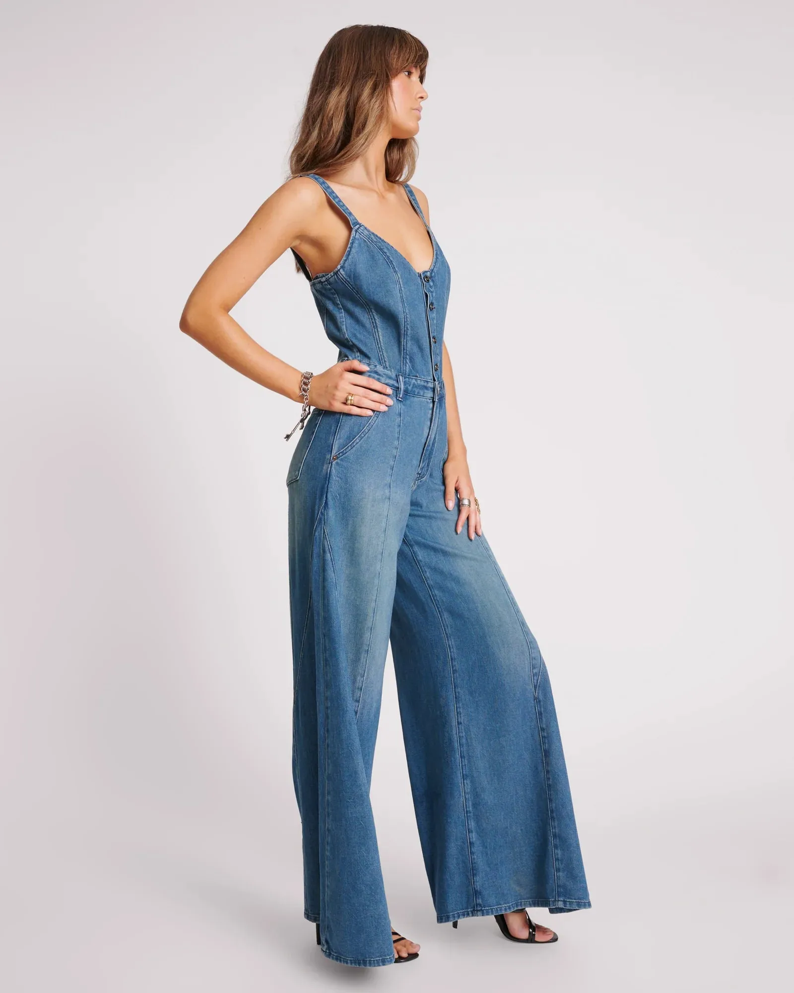 ONE TEASPOON Womens Gritty Blue Freida Fit n Flare Denim Jumpsuit - Gritty Blue