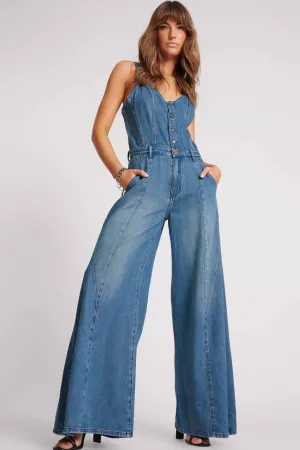 ONE TEASPOON Womens Gritty Blue Freida Fit n Flare Denim Jumpsuit - Gritty Blue