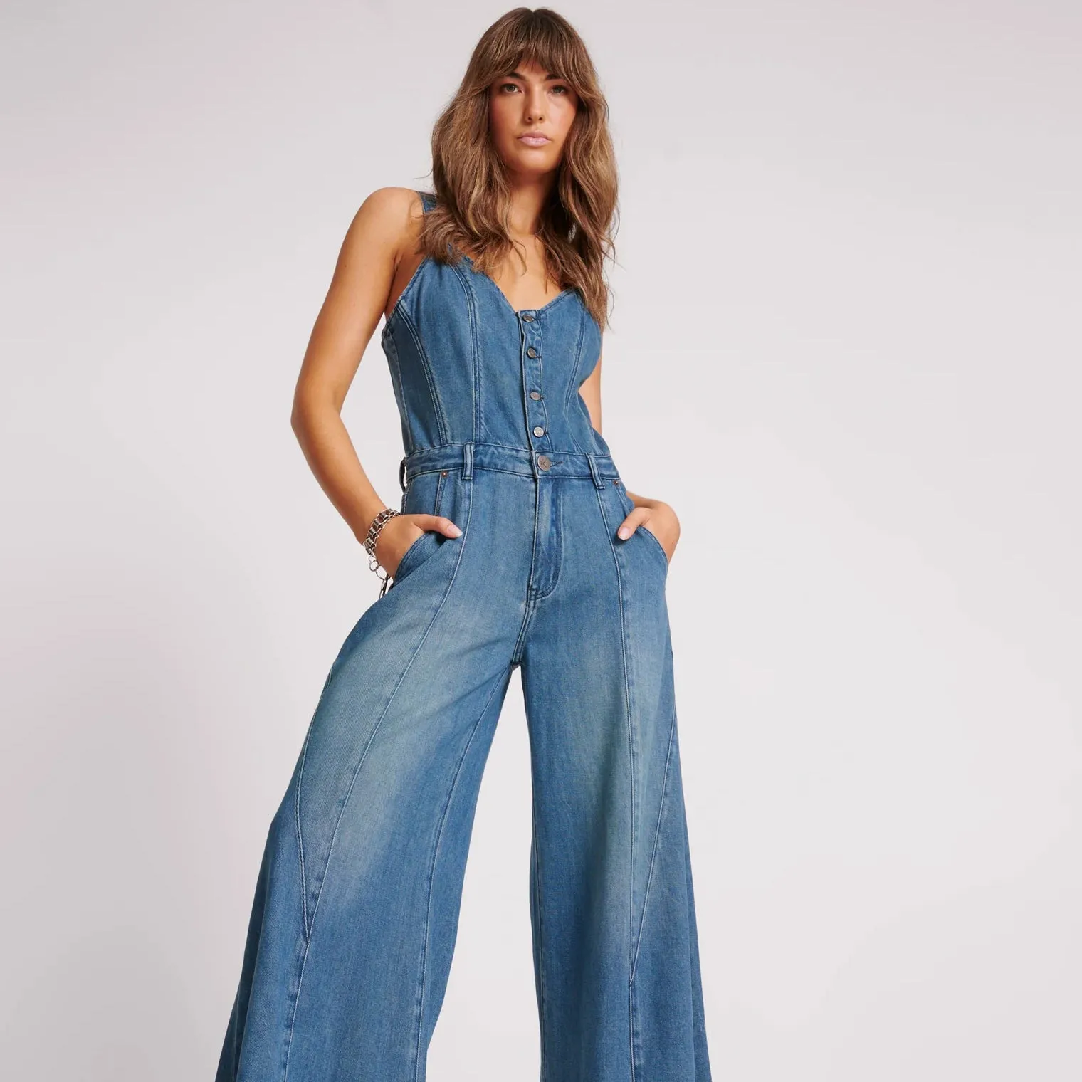 ONE TEASPOON Womens Gritty Blue Freida Fit n Flare Denim Jumpsuit - Gritty Blue