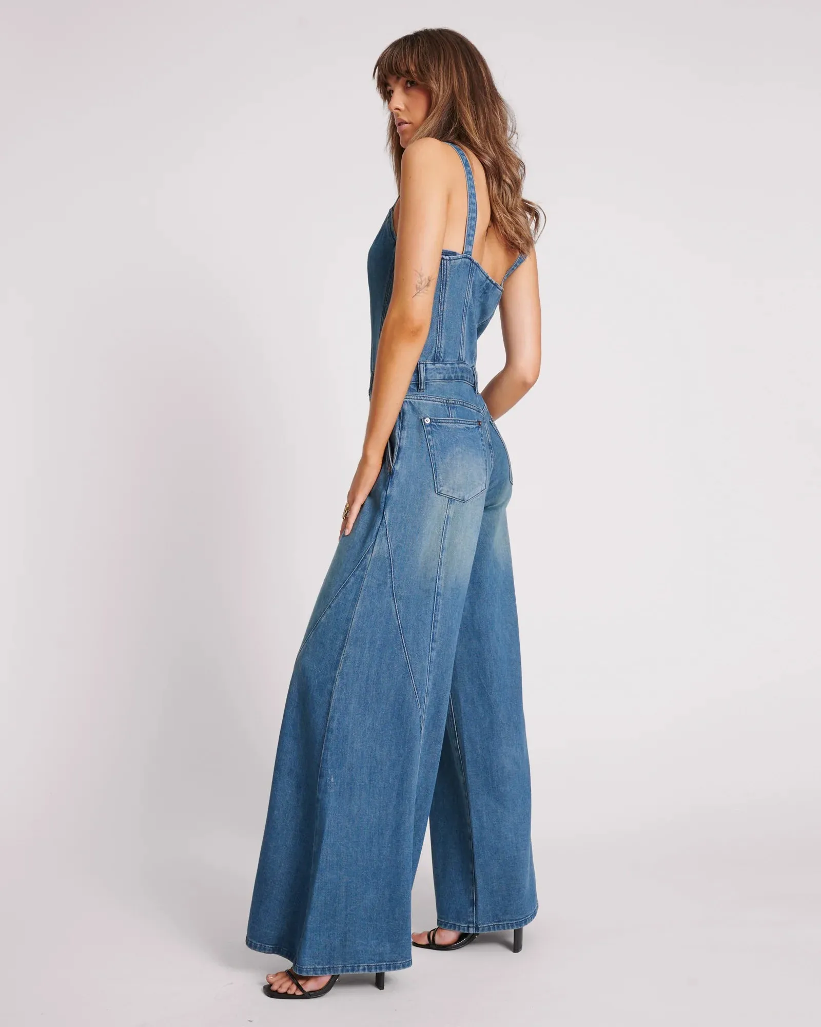 ONE TEASPOON Womens Gritty Blue Freida Fit n Flare Denim Jumpsuit - Gritty Blue