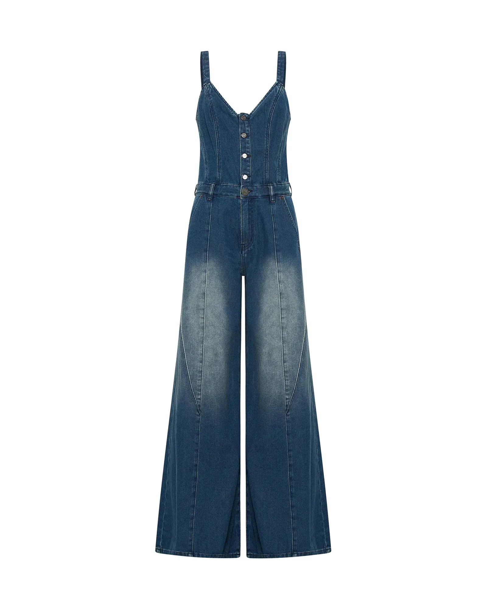 ONE TEASPOON Womens Gritty Blue Freida Fit n Flare Denim Jumpsuit - Gritty Blue