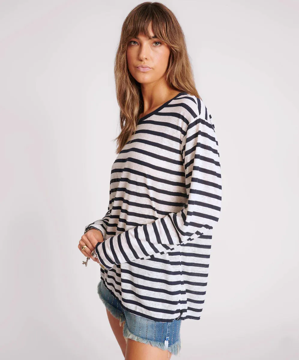 ONE TEASPOON Womens LInen Yarn Dye Stripe Longsleeve Boyfriend Tee - Blue & White