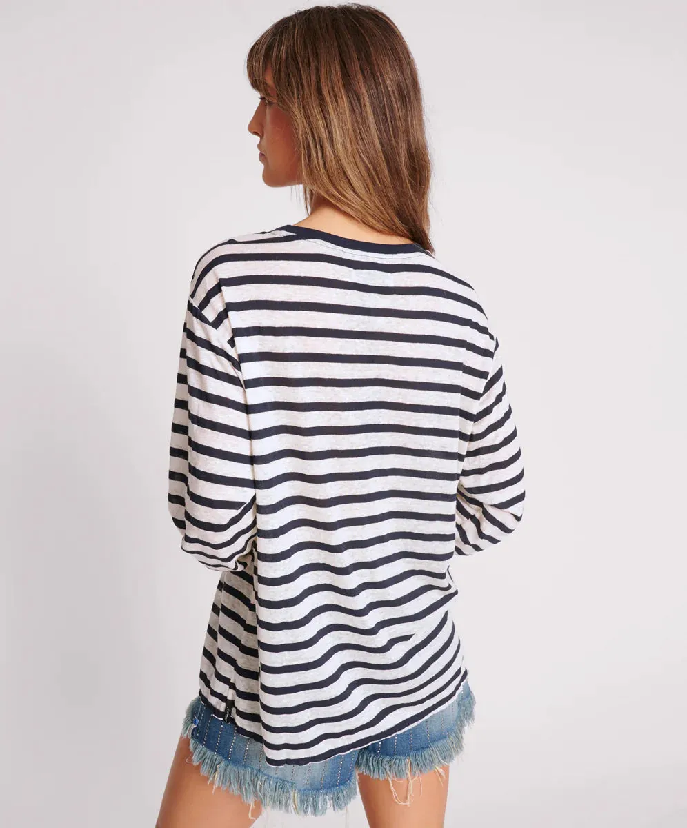 ONE TEASPOON Womens LInen Yarn Dye Stripe Longsleeve Boyfriend Tee - Blue & White
