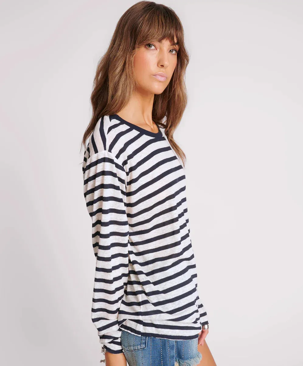 ONE TEASPOON Womens LInen Yarn Dye Stripe Longsleeve Boyfriend Tee - Blue & White
