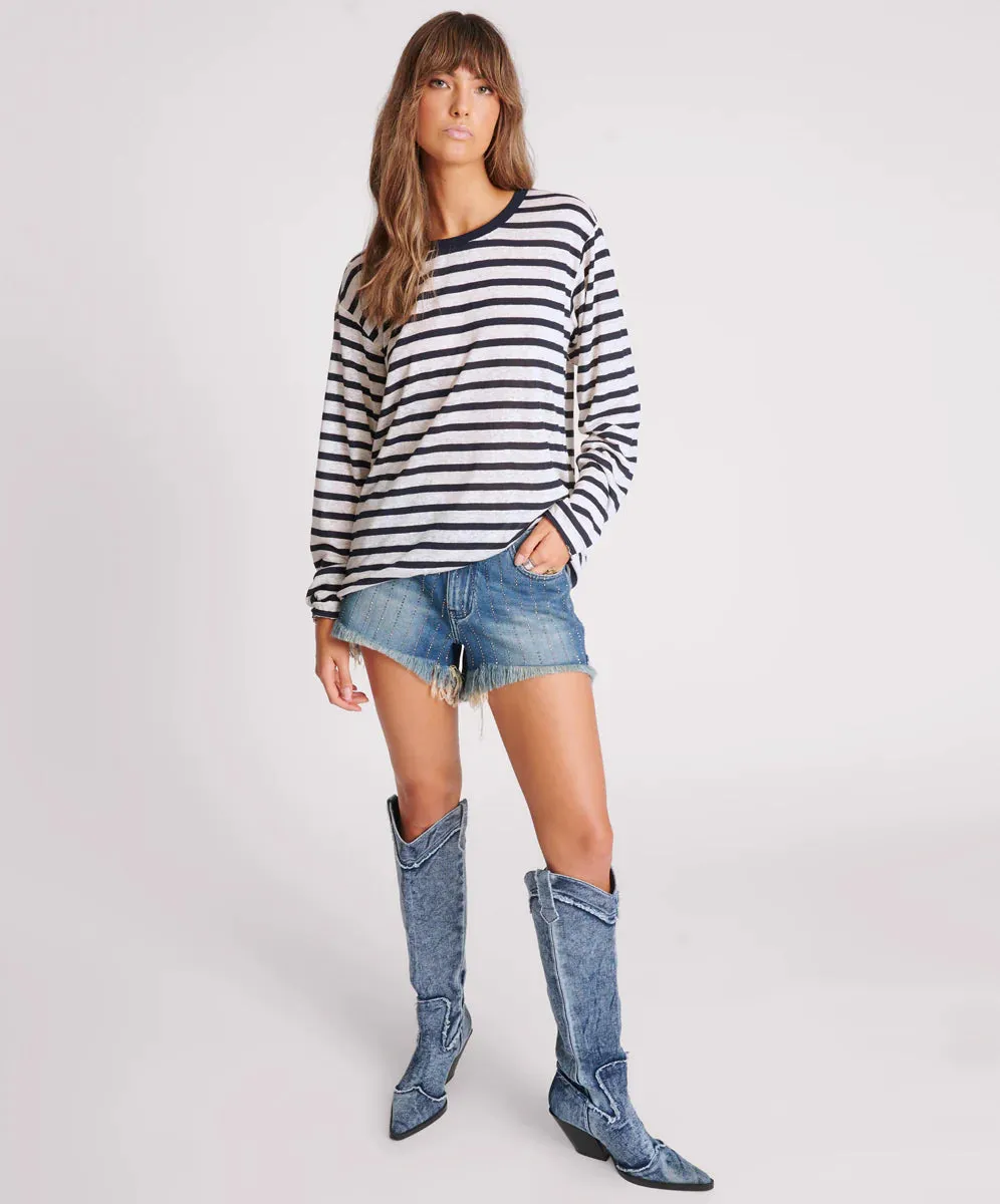 ONE TEASPOON Womens LInen Yarn Dye Stripe Longsleeve Boyfriend Tee - Blue & White
