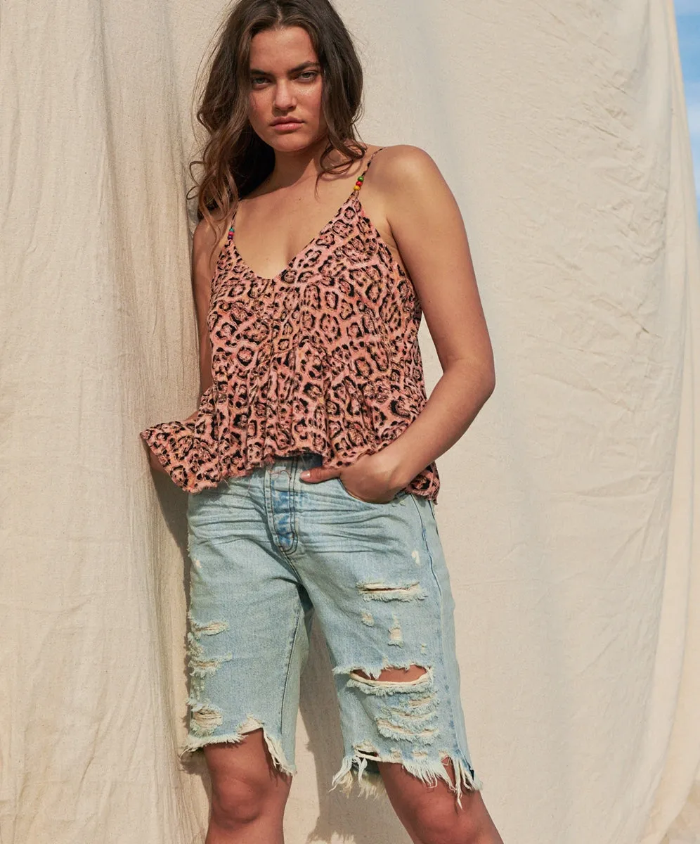 OneTeaspoon WOMENS CORAL LEOPARD RUNAWAY BAY CAMI TOP - CORAL ANIMAL