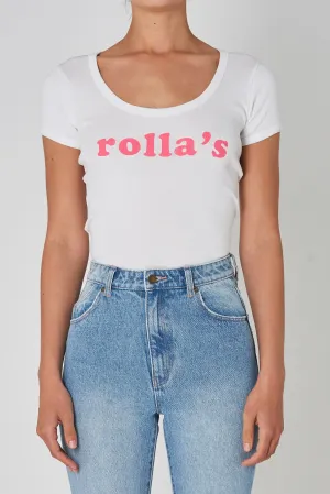 Rollas WOMENS DISCO RIB LOGO TEE - PINK CORDIAL