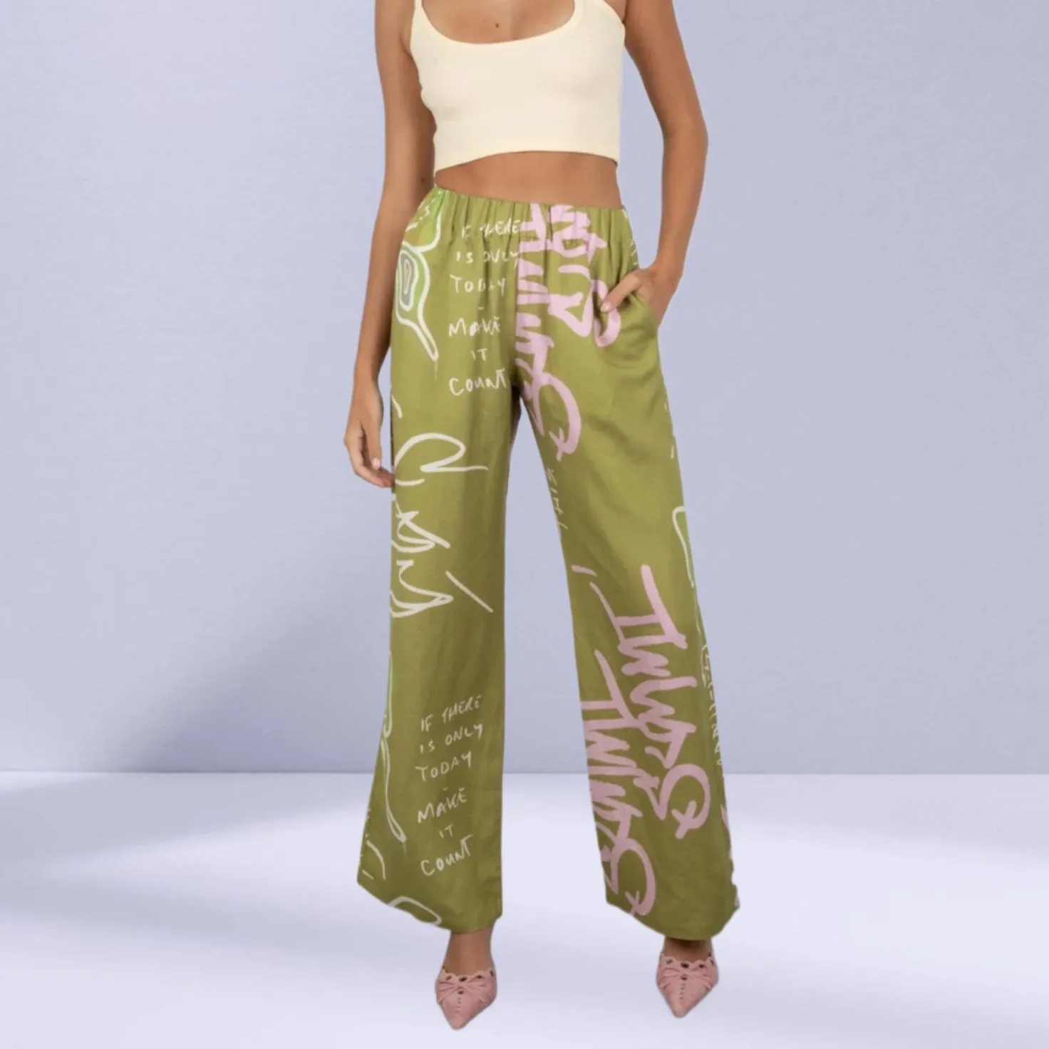 SUMMI SUMMI Womens Linen Pants - Graffiti Butterfly Khaki