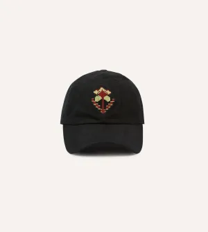 Washed Black Flower Emblem Cotton Baseball Cap